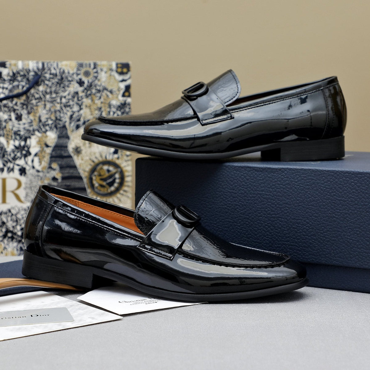 Dior Black Glossy Slip-On Loafers — front