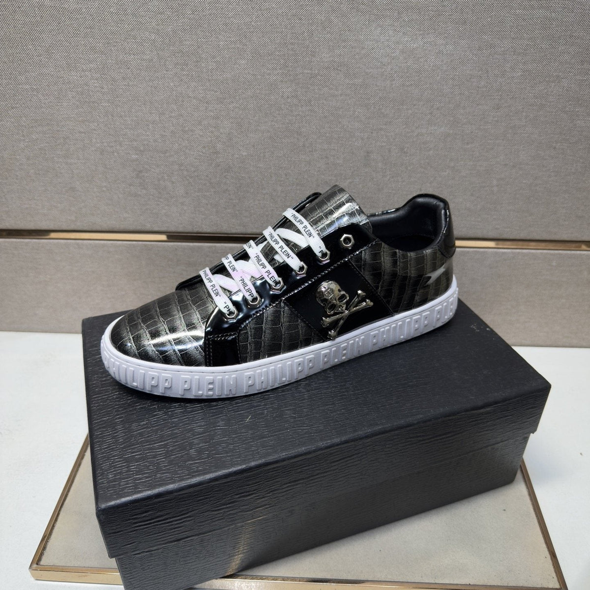 Philipp Plein Black and Gray Plaid Low-Top Sneakers — side