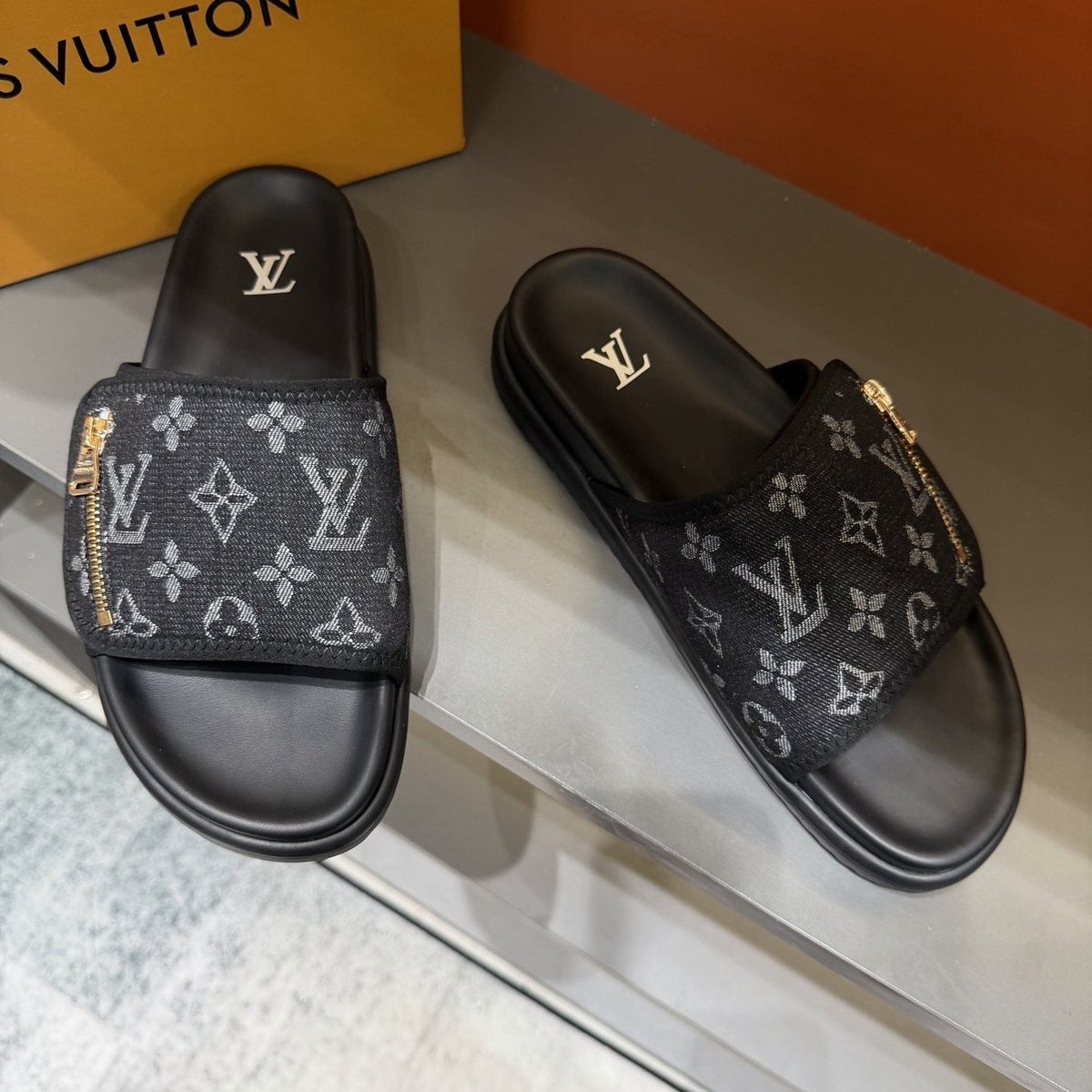 Louis Vuitton Monogram Zip Slide Sandals — front