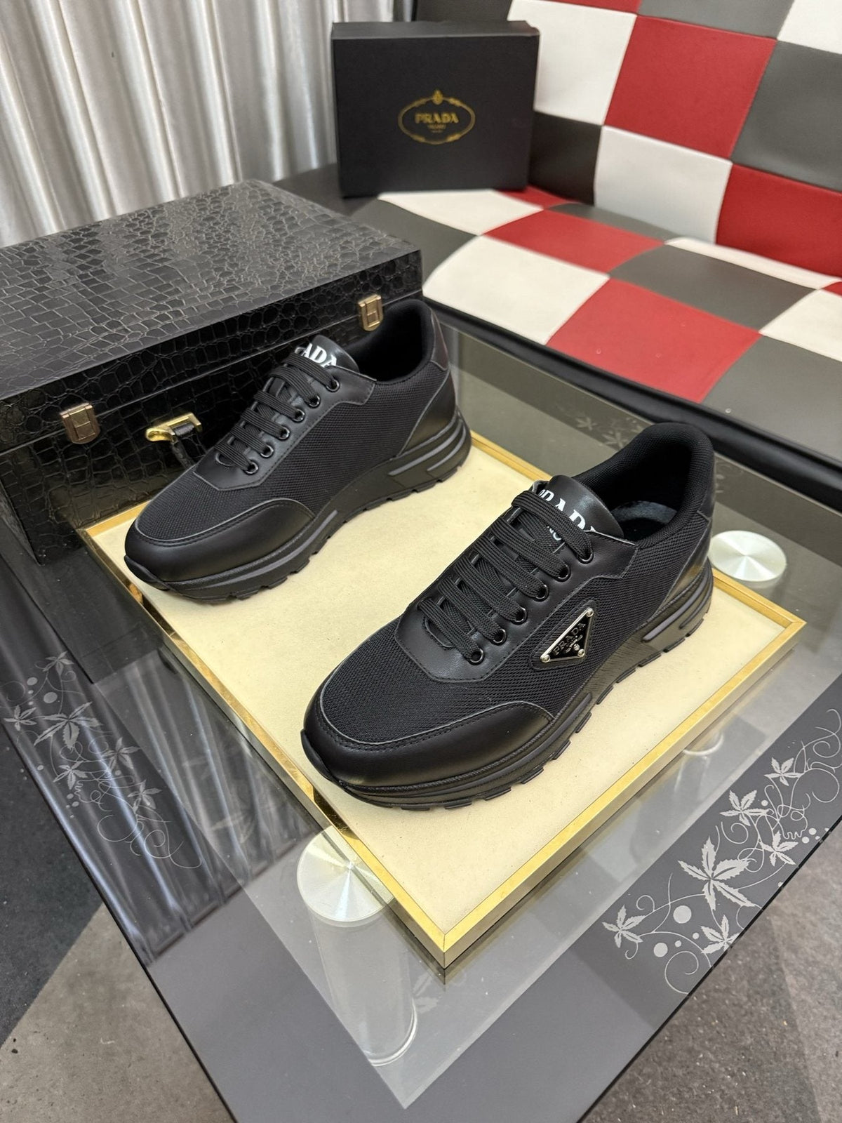 Prada Triangle Plaque Low-Top Sneakers — side