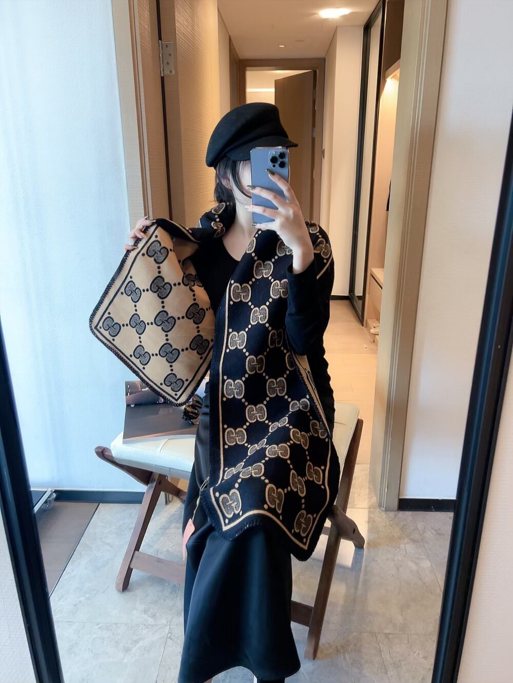 Gucci Fringed Motif Scarf — model