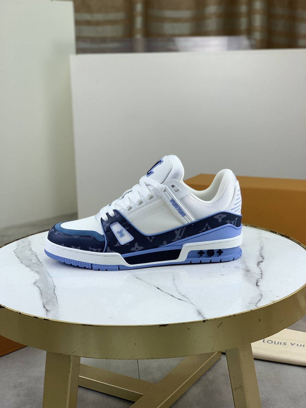 Louis Vuitton White and Navy Blue Sneakers — hero