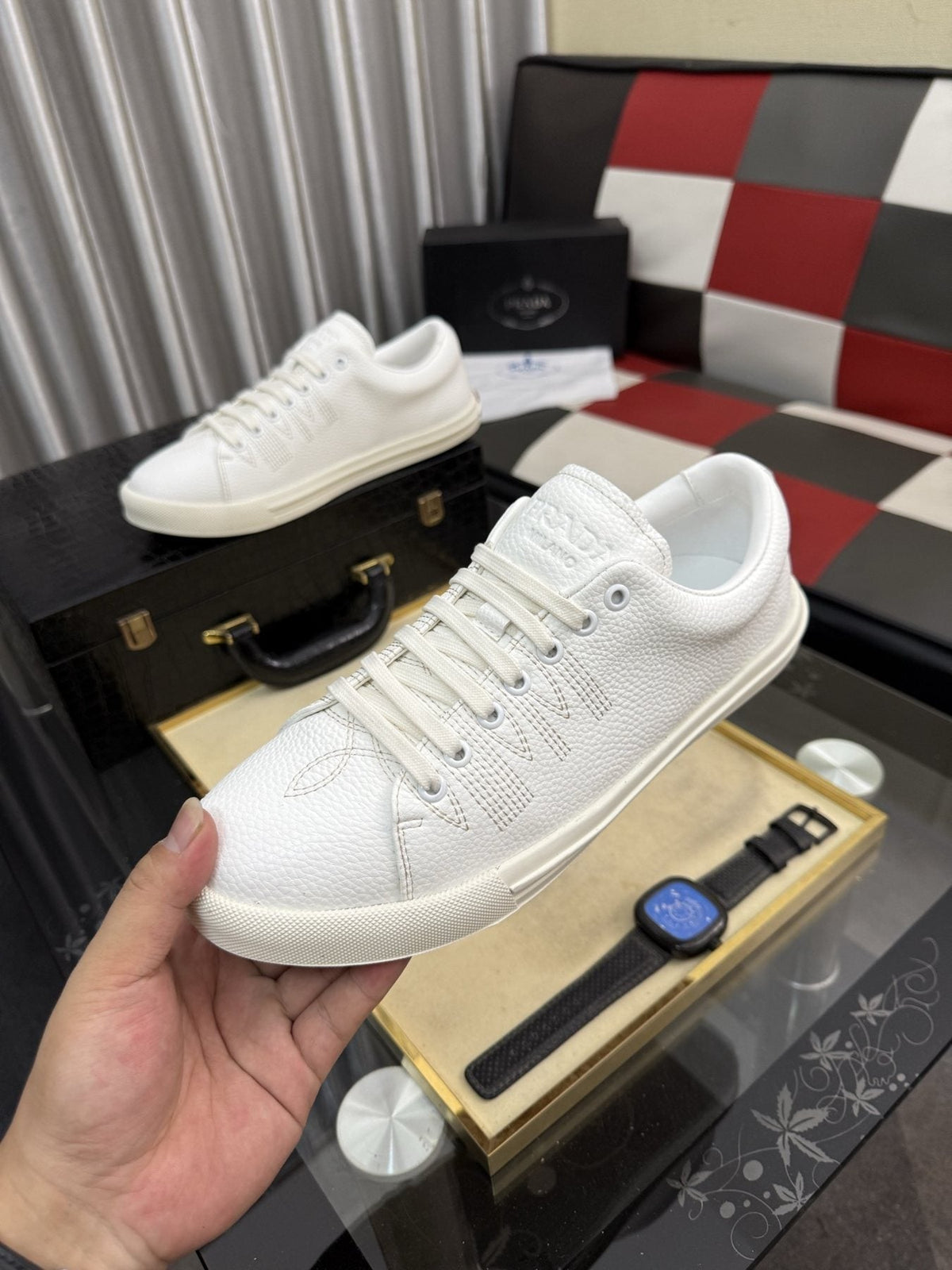 Prada Men's Textured Leather Low-Top Sneakers — model